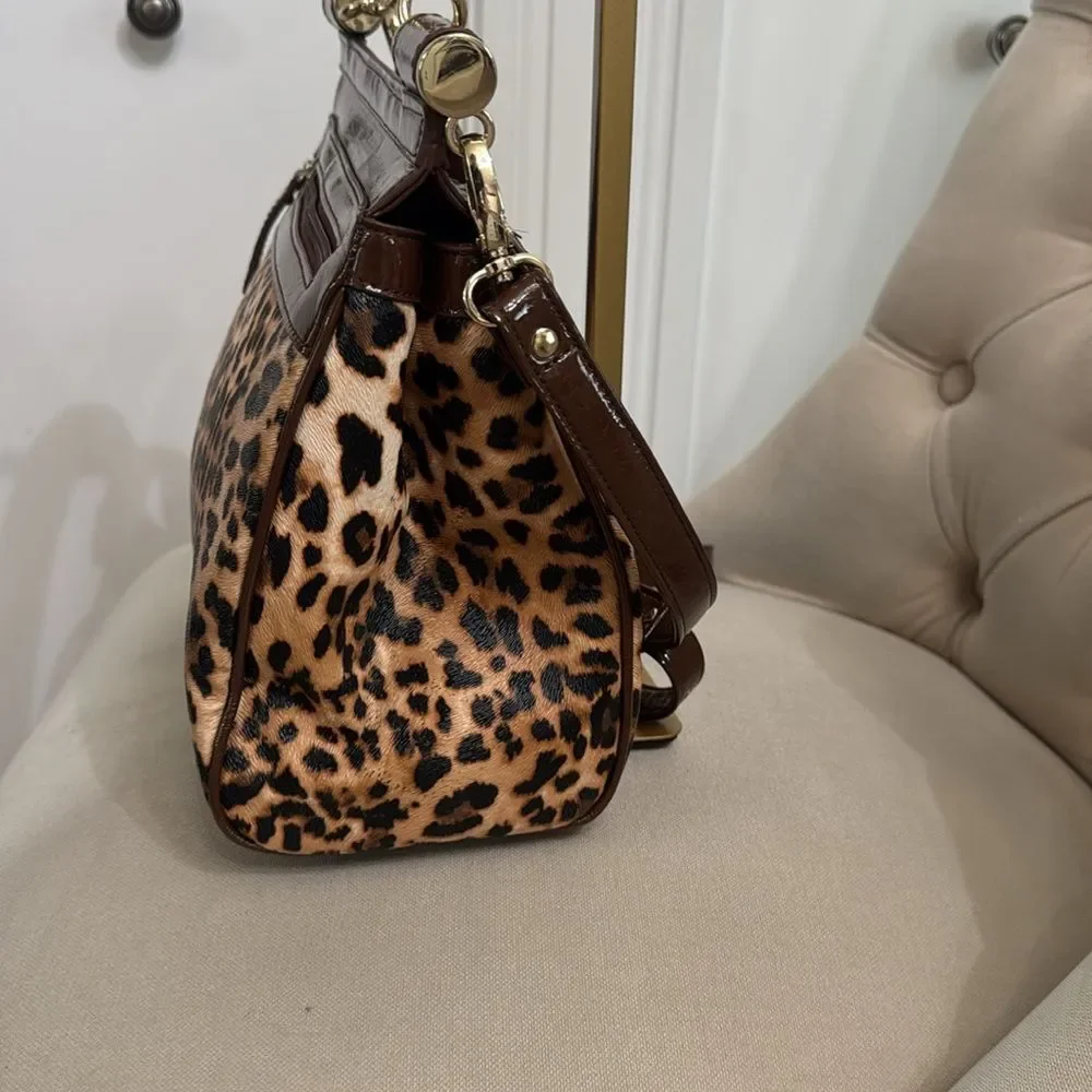 Sharif Leopard Print Satchel with Rose Gold Sequined Flap and Brown Trim